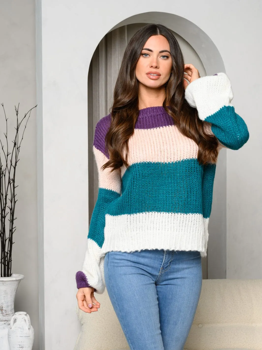 WOMEN'S LONG SLEEVE COLORBLOCK KNIT SWEATER