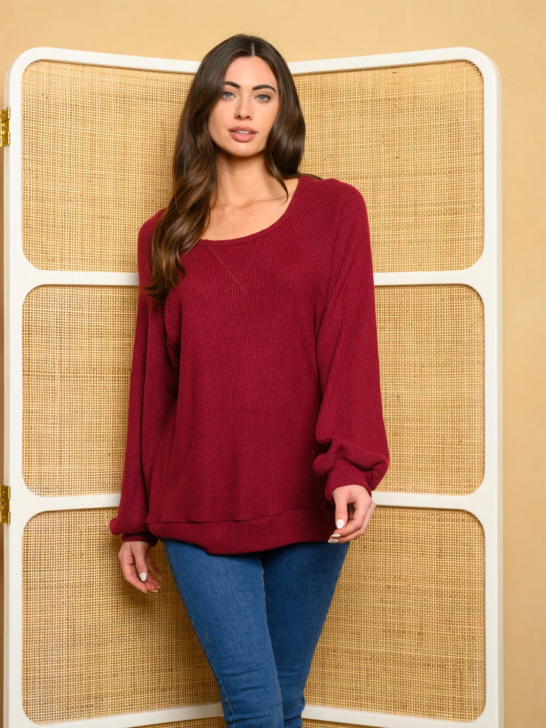WOMEN'S LONG SLEEVE WAFFLE KNIT V STICHED TOP