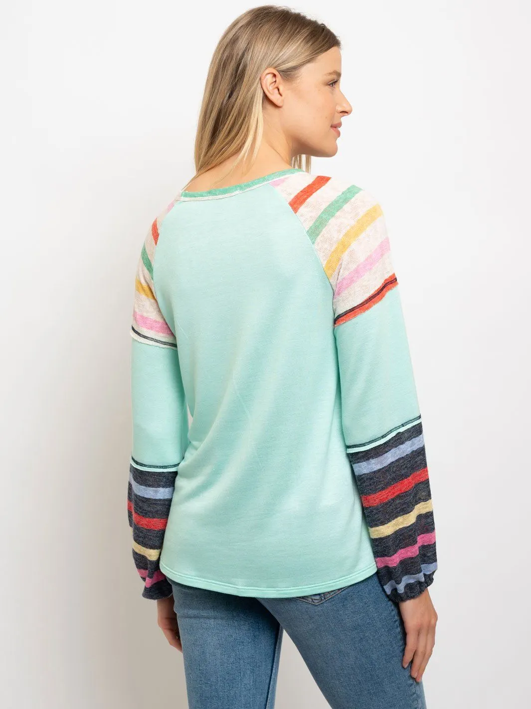 WOMEN'S MULTI COLOR STRIPES PUFF SLEEVES TOP