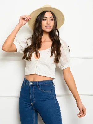 WOMEN'S PUFF SLEEVE CROCHET CROP TOP