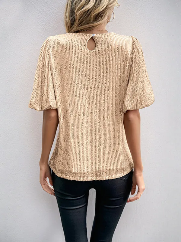 Women's Puff Sleeve Round Neck Solid Color Sequin T-Shirt