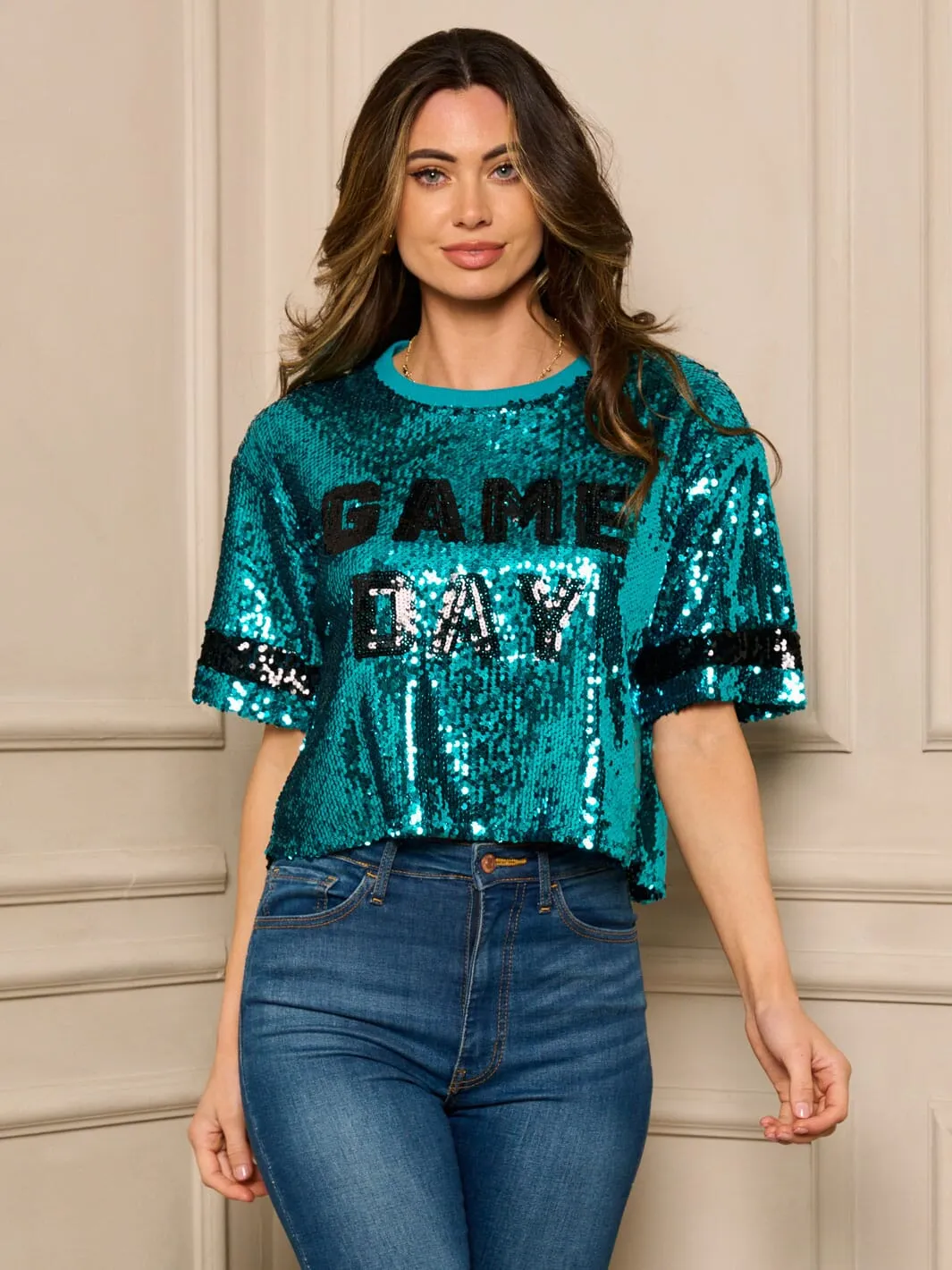 WOMEN'S SHORT SLEEVE GAME DAY SEQUINS TOP