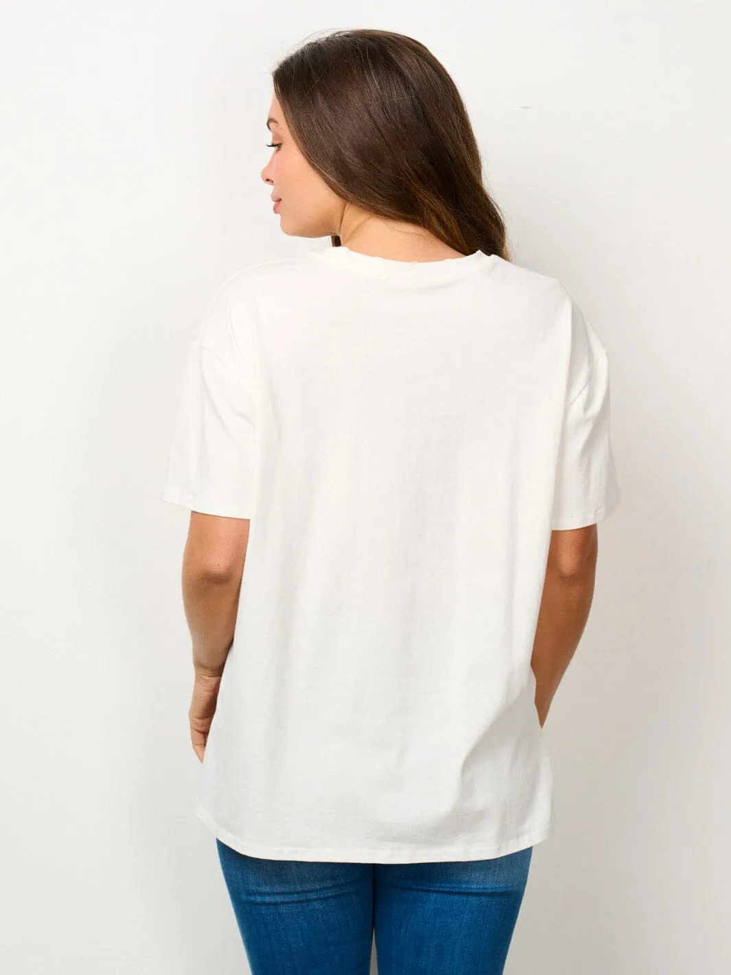 WOMEN'S SHORT SLEEVE GRAPHIC DISTRESSED DETAILED TOP