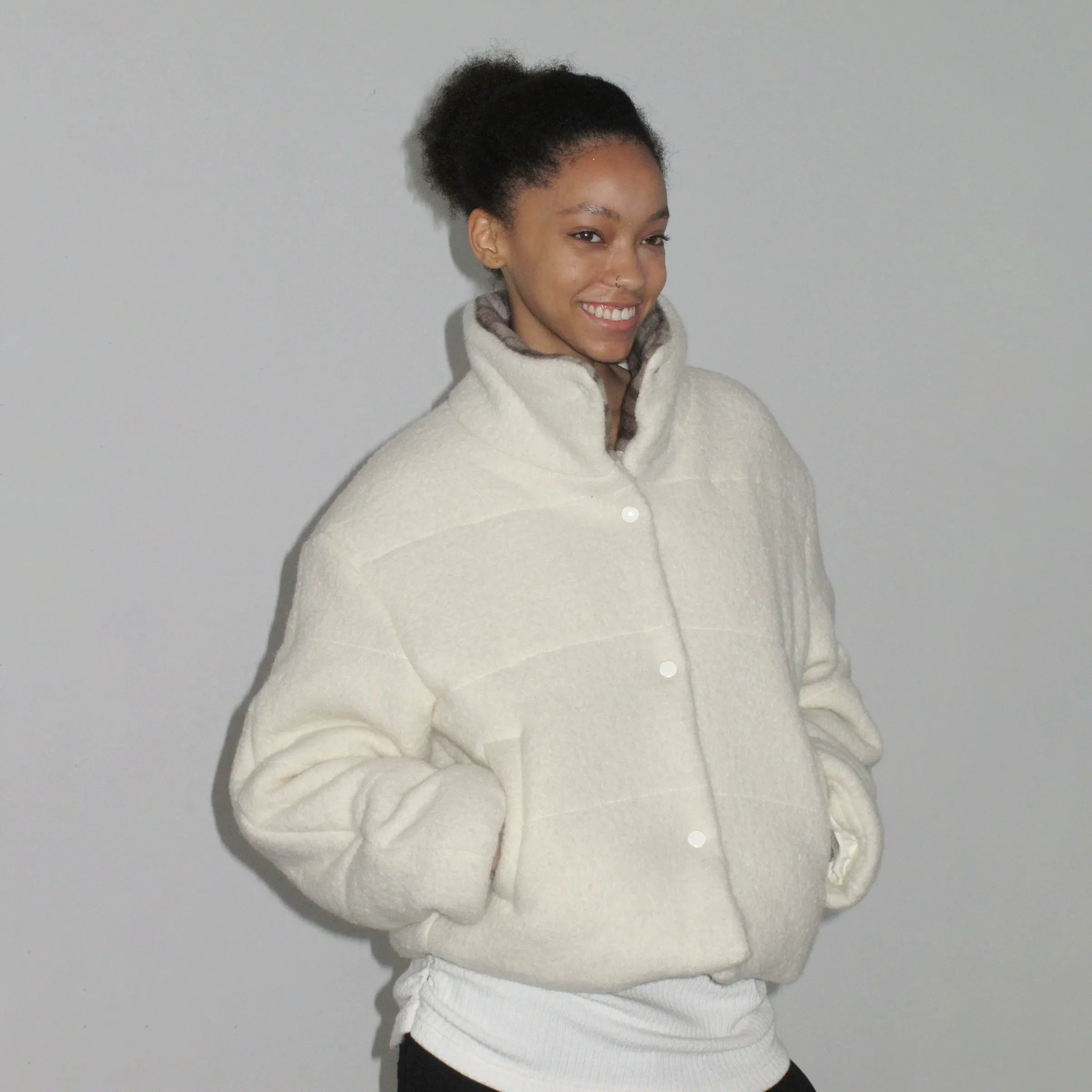 Wool Plaid Collar Puffer Jacket