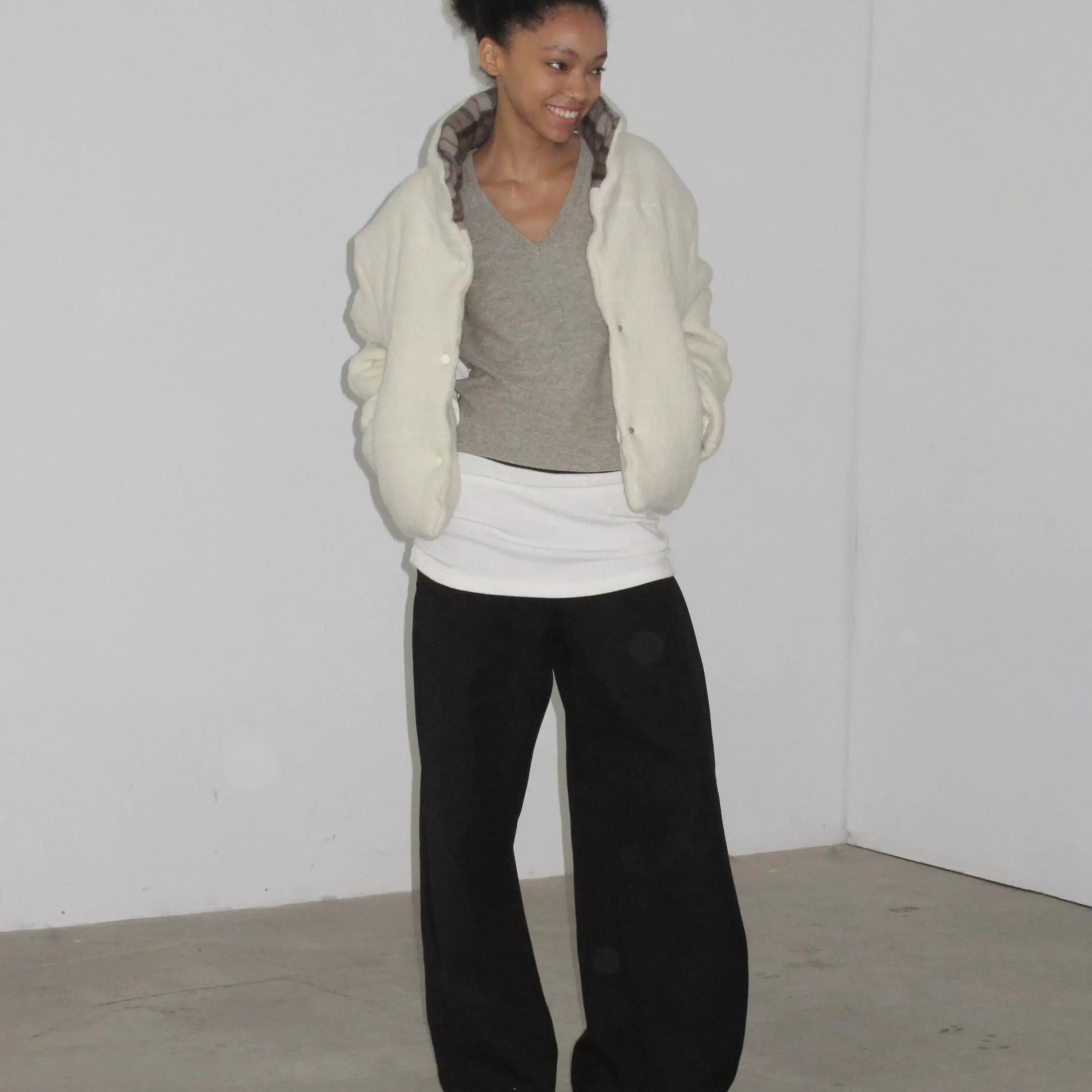 Wool Plaid Collar Puffer Jacket