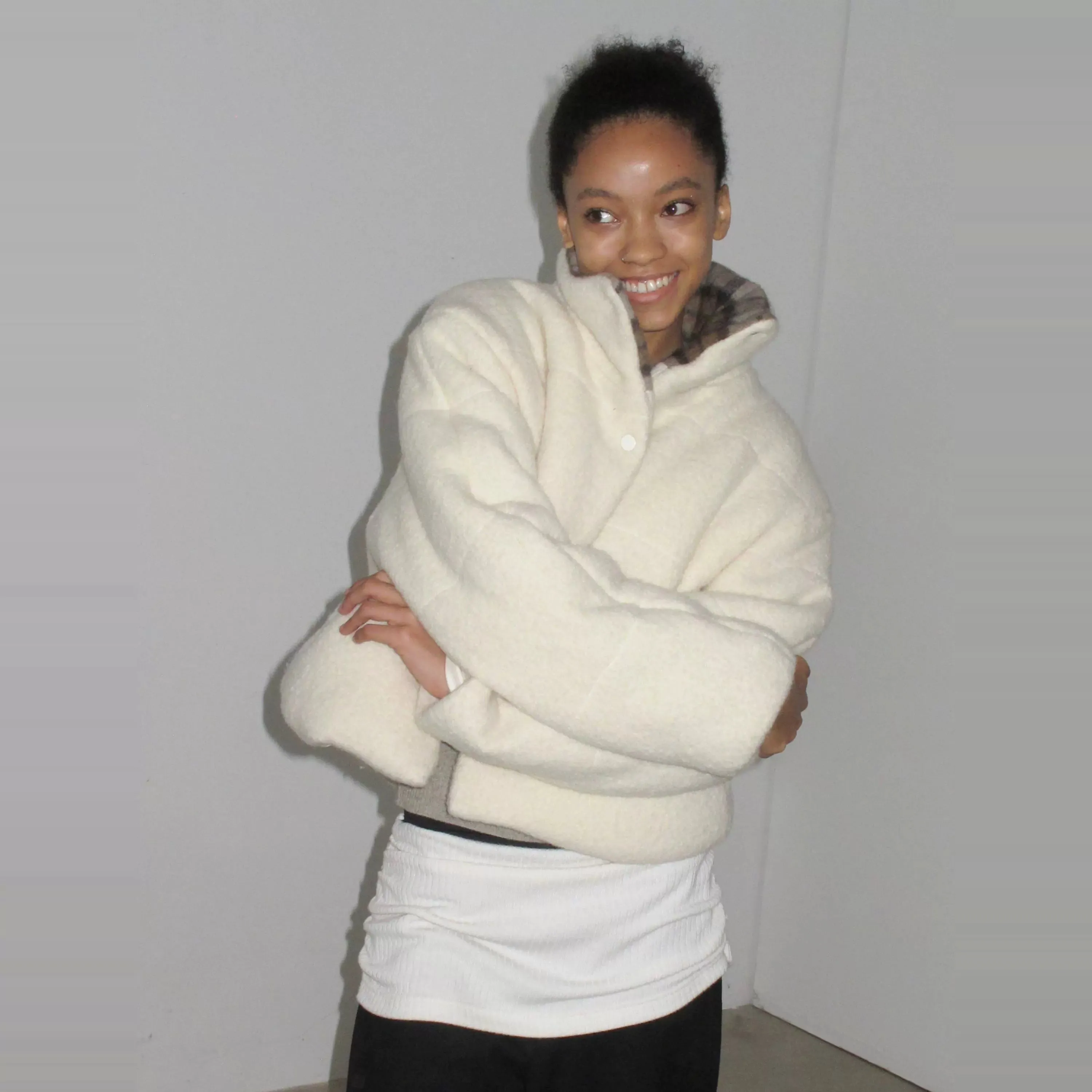 Wool Plaid Collar Puffer Jacket