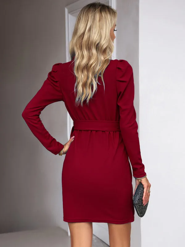 Wrap Dress with Belted Waist and Long Sleeves