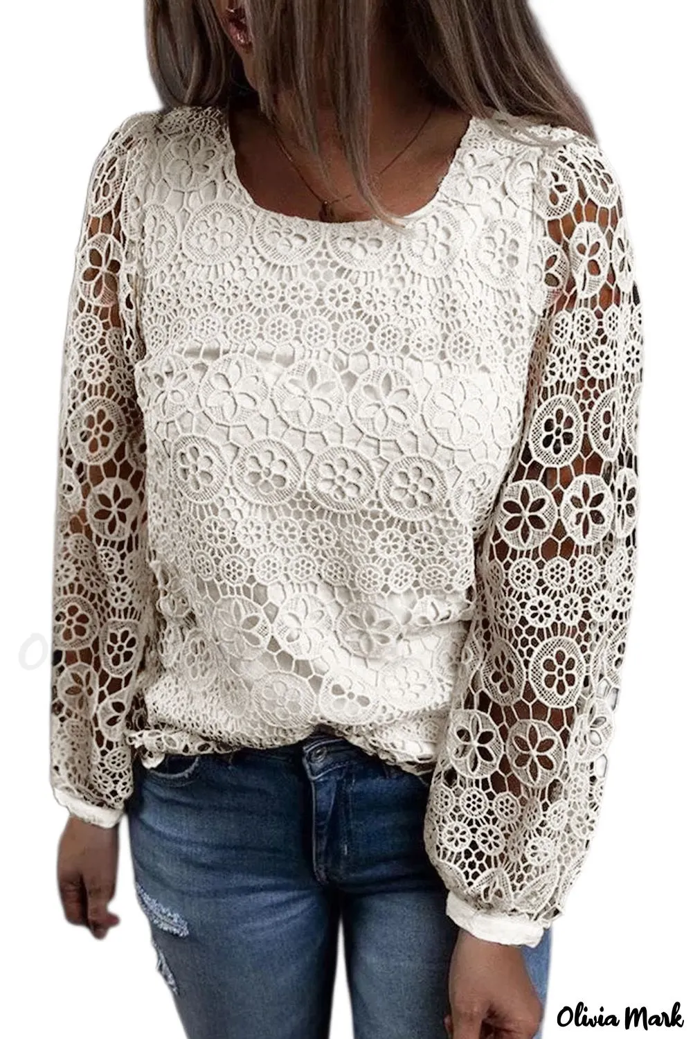 Xieyinshe - Beige Contrast Lace Hollow Out Long Sleeve Blouse