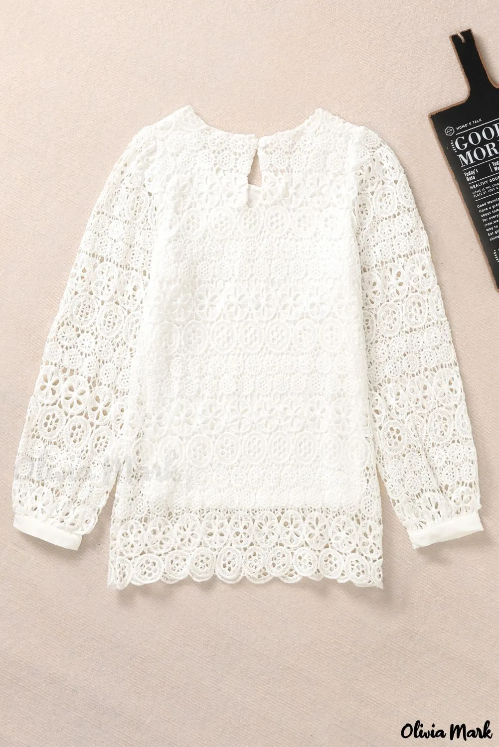 Xieyinshe - Beige Contrast Lace Hollow Out Long Sleeve Blouse