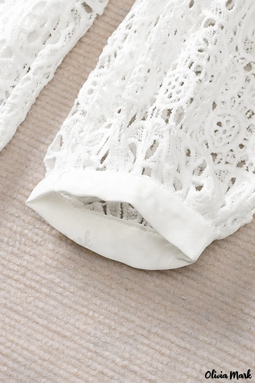Xieyinshe - Beige Contrast Lace Hollow Out Long Sleeve Blouse