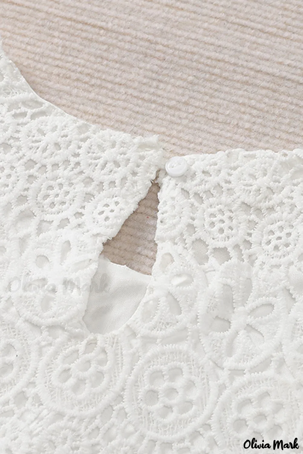 Xieyinshe - Beige Contrast Lace Hollow Out Long Sleeve Blouse