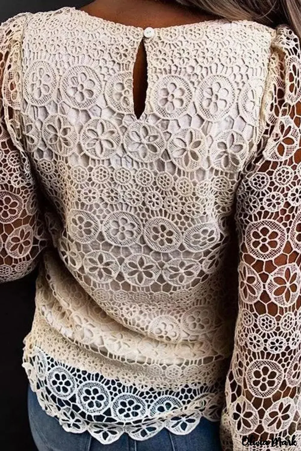 Xieyinshe - Beige Contrast Lace Hollow Out Long Sleeve Blouse
