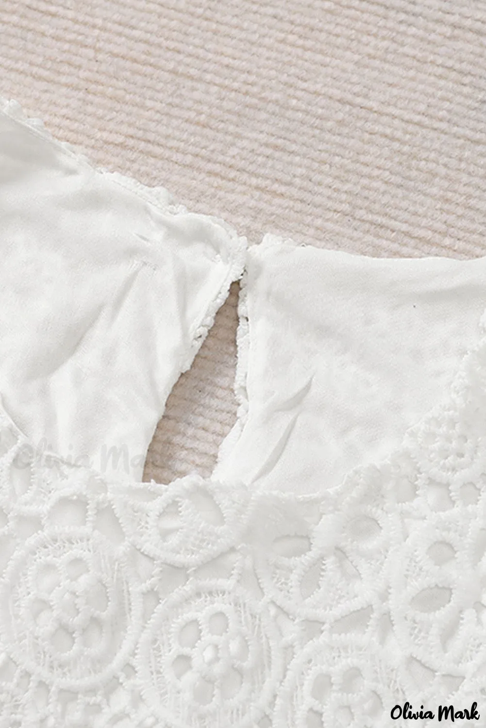 Xieyinshe - Beige Contrast Lace Hollow Out Long Sleeve Blouse