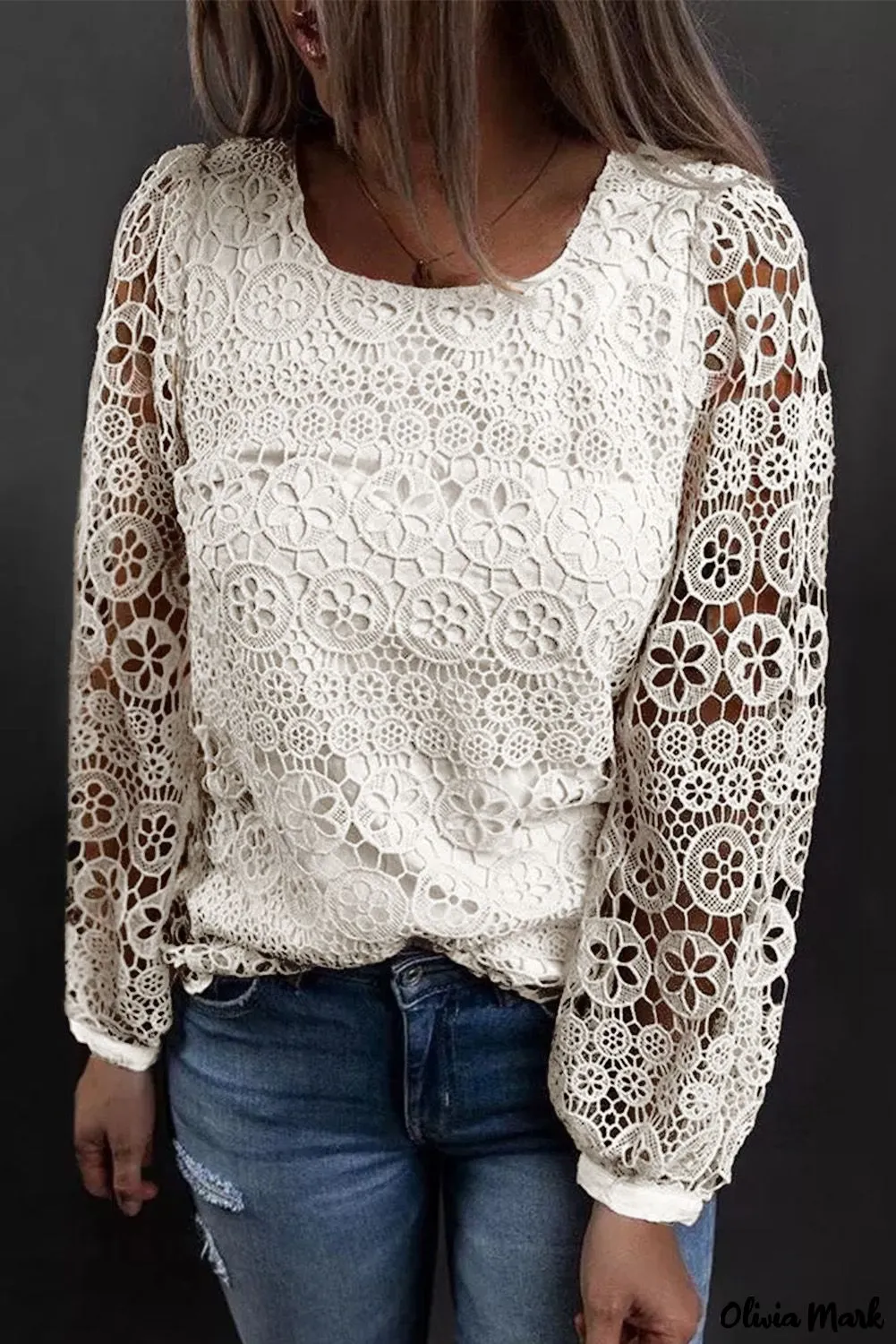 Xieyinshe - Beige Contrast Lace Hollow Out Long Sleeve Blouse