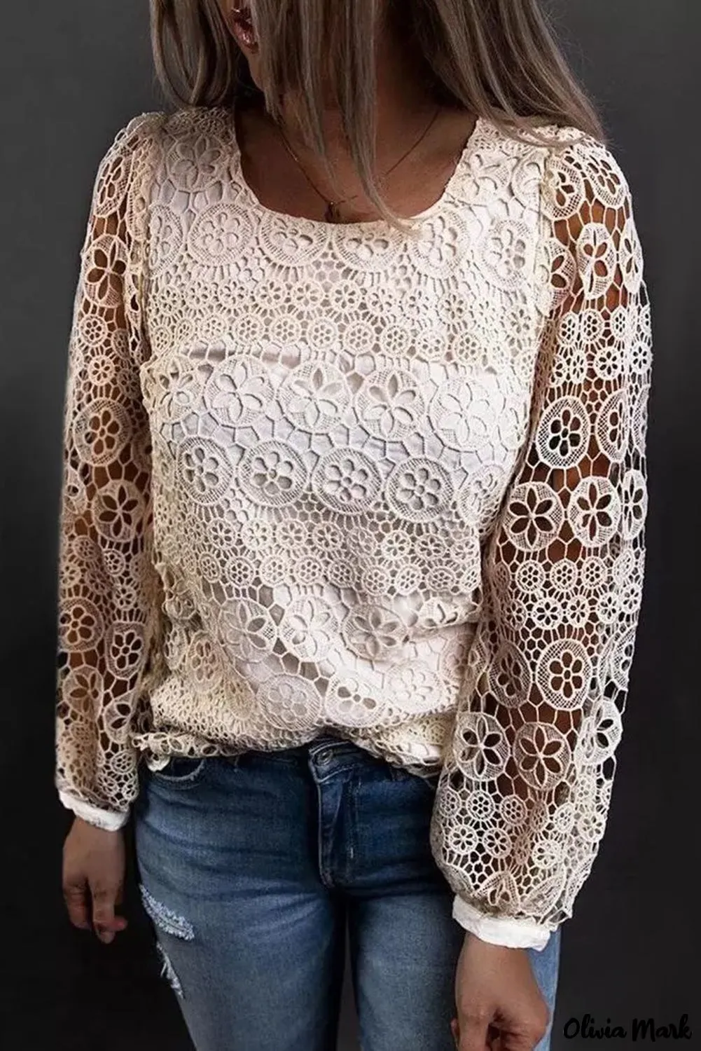 Xieyinshe - Beige Contrast Lace Hollow Out Long Sleeve Blouse