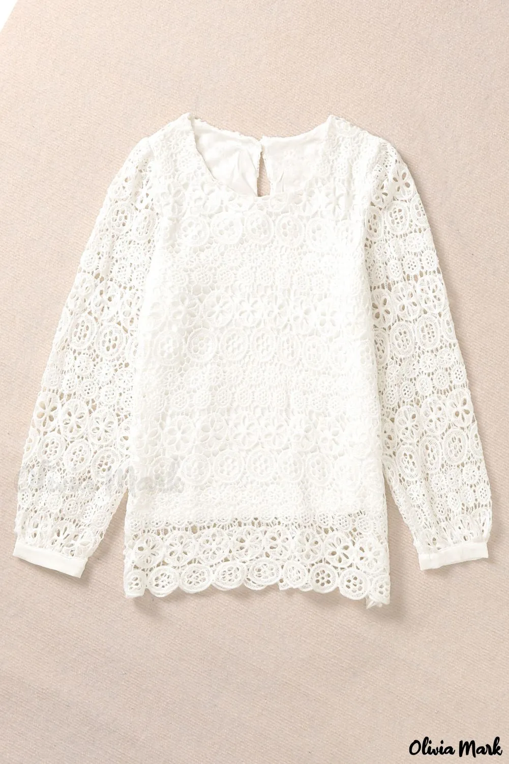 Xieyinshe - Beige Contrast Lace Hollow Out Long Sleeve Blouse