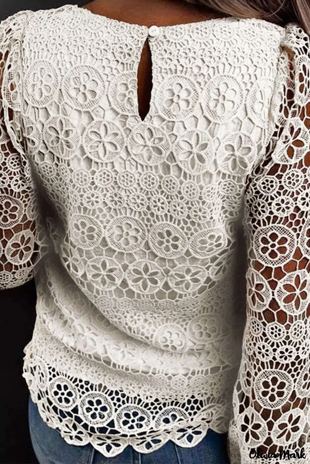Xieyinshe - Beige Contrast Lace Hollow Out Long Sleeve Blouse