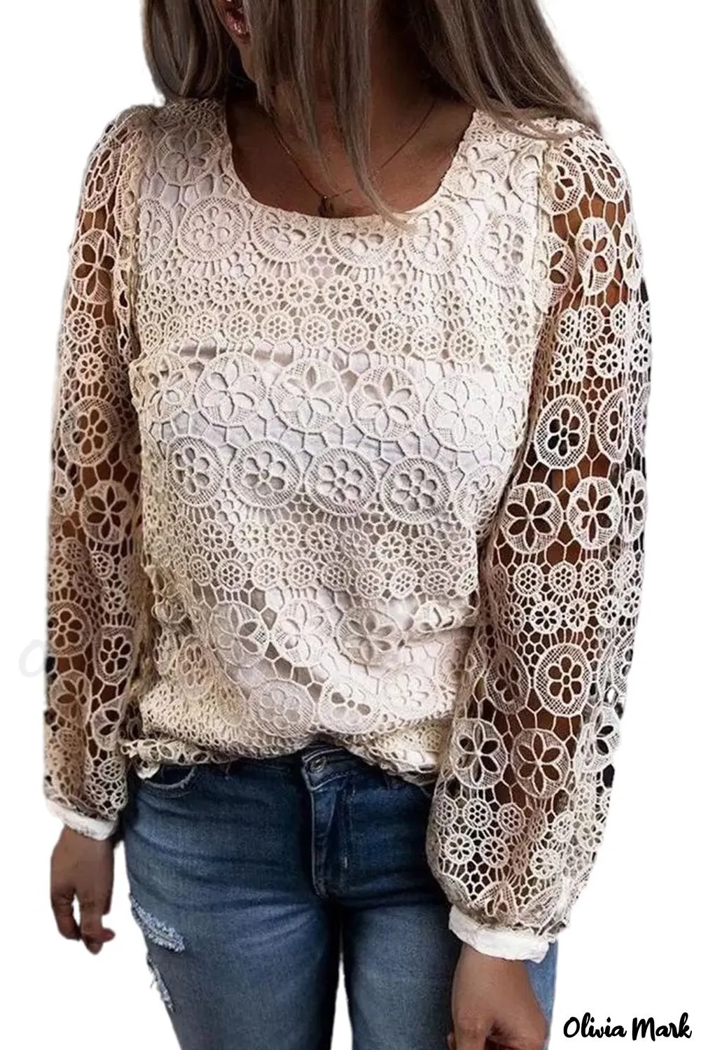 Xieyinshe - Beige Contrast Lace Hollow Out Long Sleeve Blouse