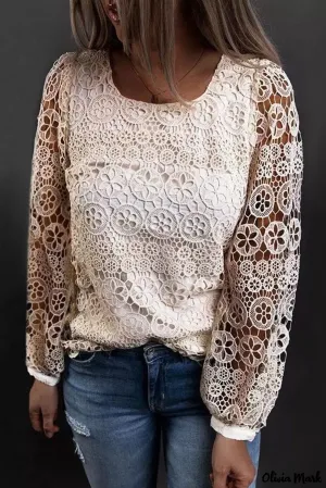 Xieyinshe - Beige Contrast Lace Hollow Out Long Sleeve Blouse