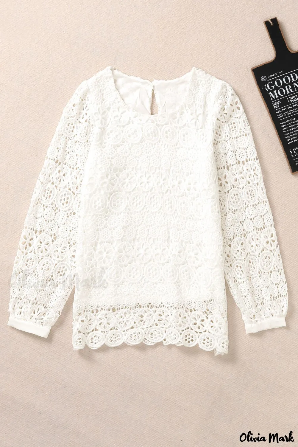 Xieyinshe - Beige Contrast Lace Hollow Out Long Sleeve Blouse