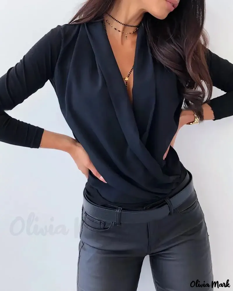 Xieyinshe - Casual Ruched Blouse with Long Sleeves and Solid Neckline