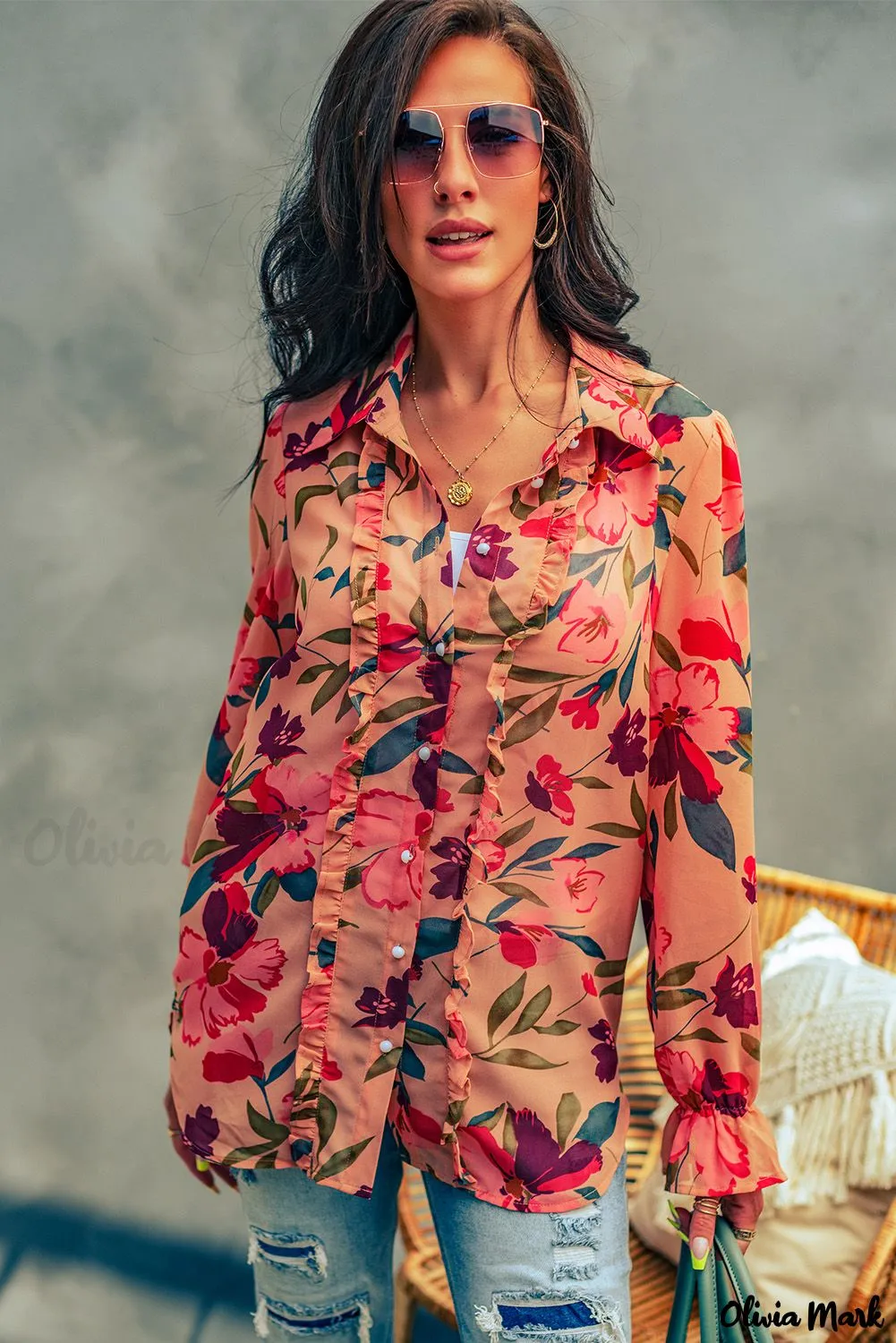 Xieyinshe - Red Floral Ruffled Long Sleeve Shirt