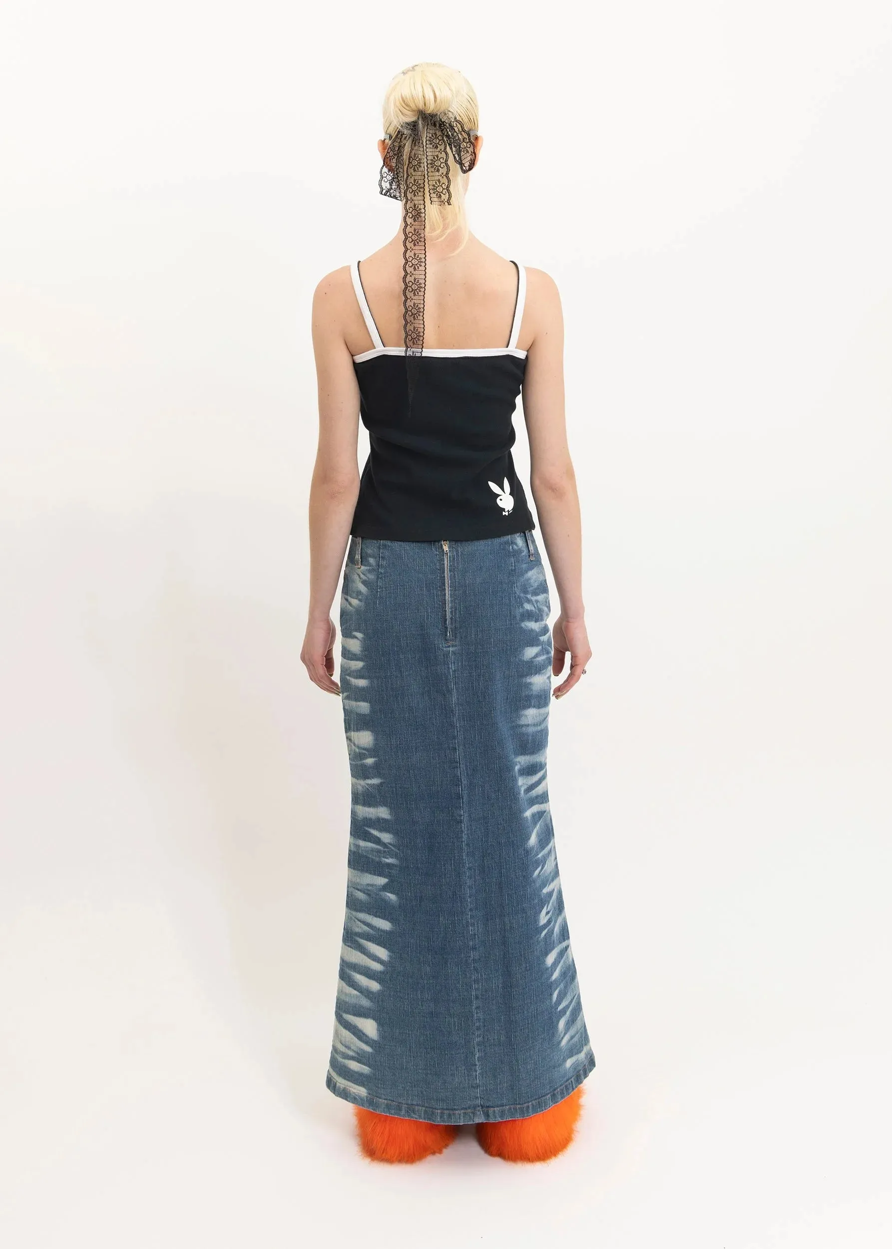 Y2k lace up bleach effect denim maxi skirt