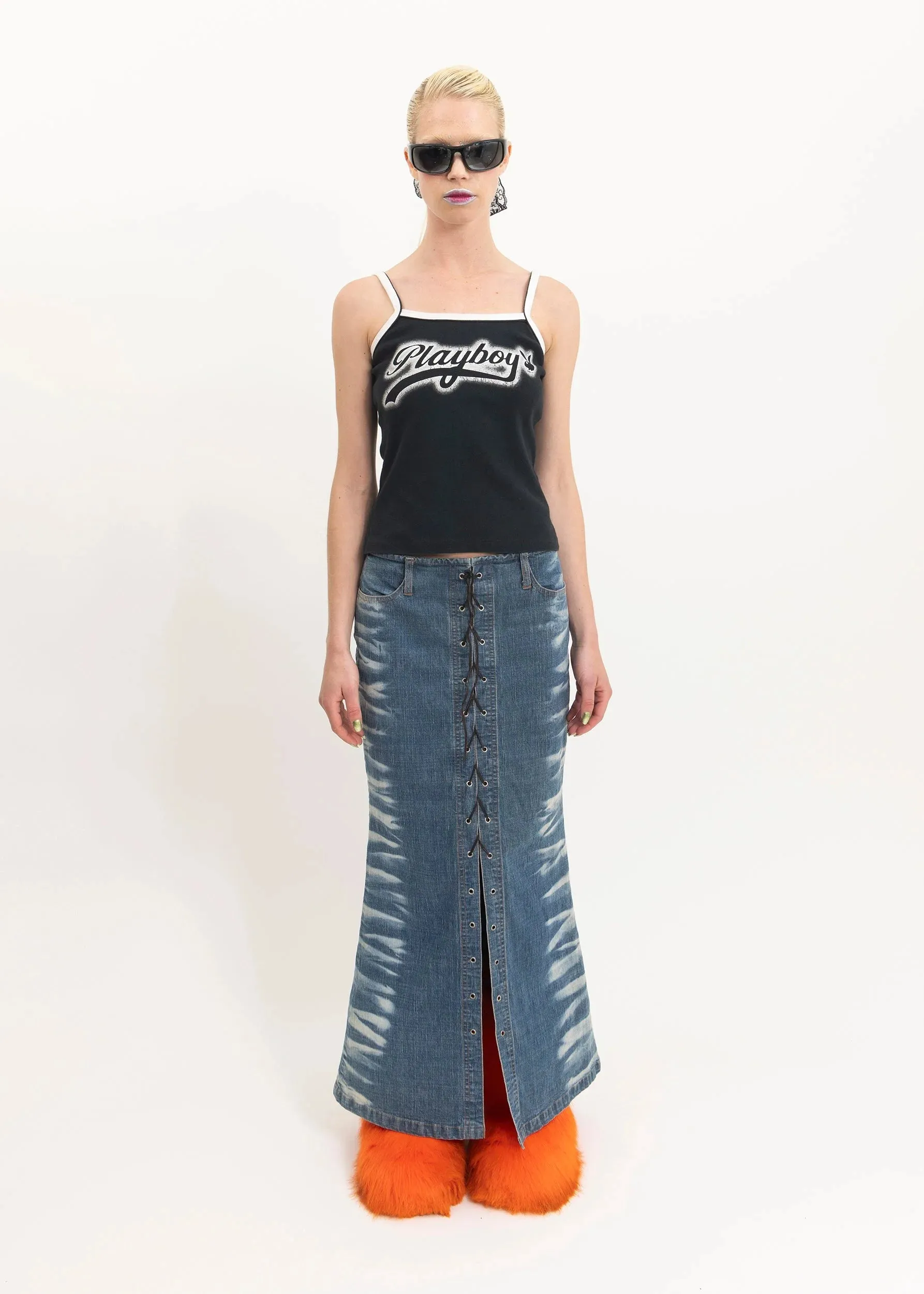 Y2k lace up bleach effect denim maxi skirt