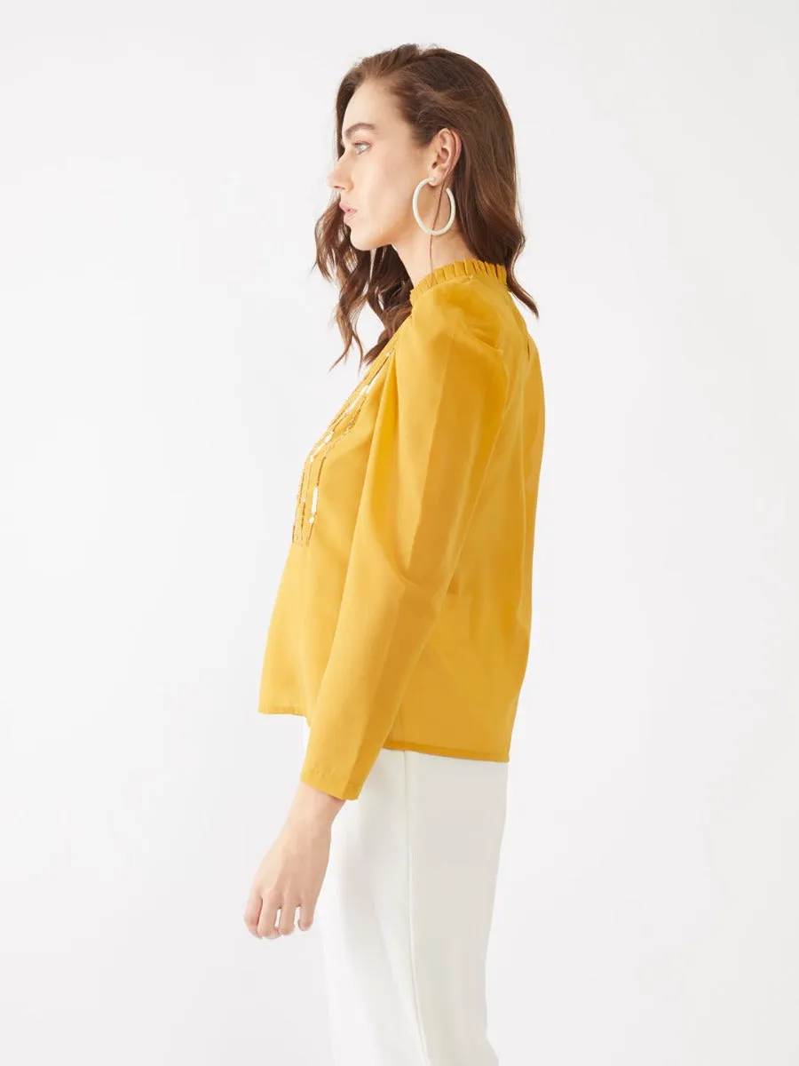 Yellow Embellished Puff Sleeve Top