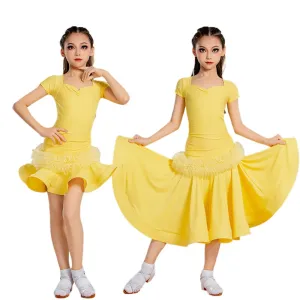 Yellow Girls Ballroom Dance Dresses Kids Waltz Tango Latin Ballroom Performance Long Skirts 3 Pieces in One Set