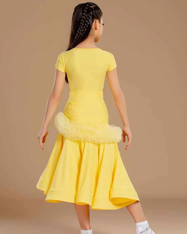 Yellow Girls Ballroom Dance Dresses Kids Waltz Tango Latin Ballroom Performance Long Skirts 3 Pieces in One Set