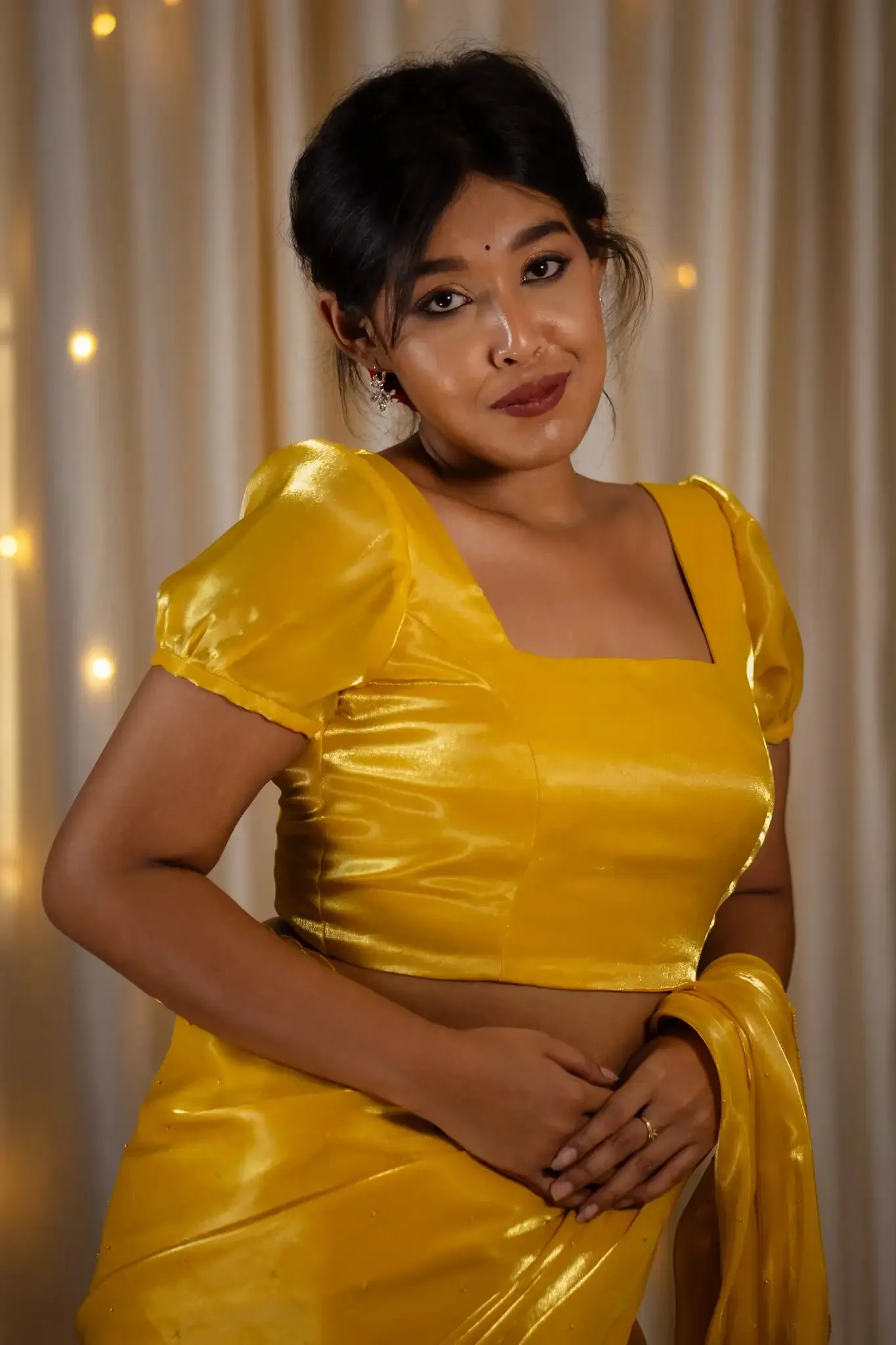 Yellow Organza Puff Sleeve Blouse
